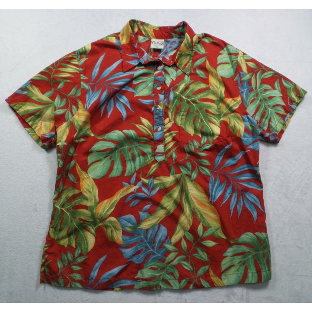 Go Barefoot Shirt Womens Size 2XL Red Floral Hawaiian Pullover Short Sleeve USA